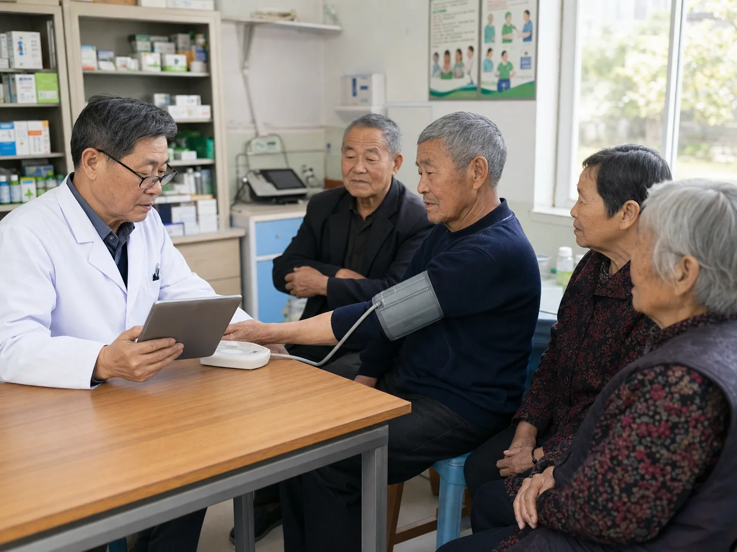 村卫生室内，几位老人围在村医身边，村医拿着平板电脑为慢病患者测量血压