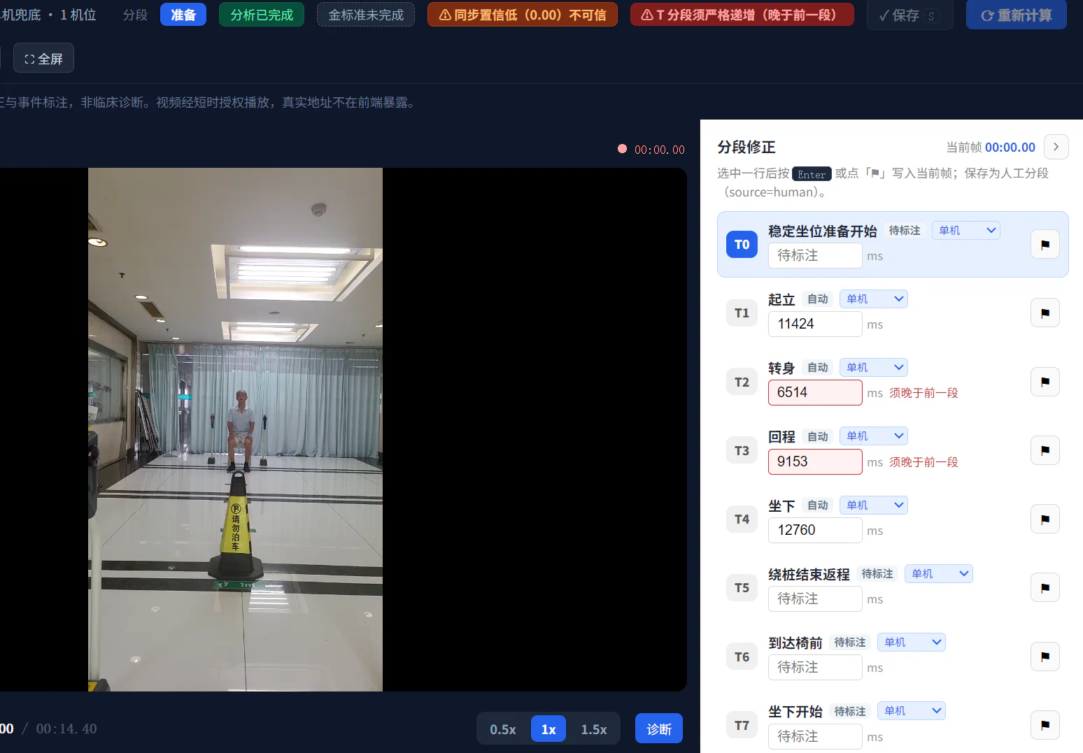 医生金标准标注界面，可回看视频并校准起立、转身和坐下等关键时间节点